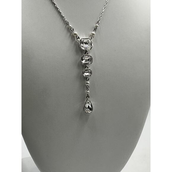 Givenchy Vintage Silver Tone Sparkling Rhinestone Faux Pearl Y Drop Necklace - Picture 13 of 14